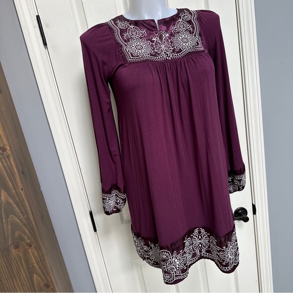 FOR JOSEPH Purple Embroidered Floral SATIN YOKE Boho Flowy Shift L/S Dress Sz M - Picture 1 of 10